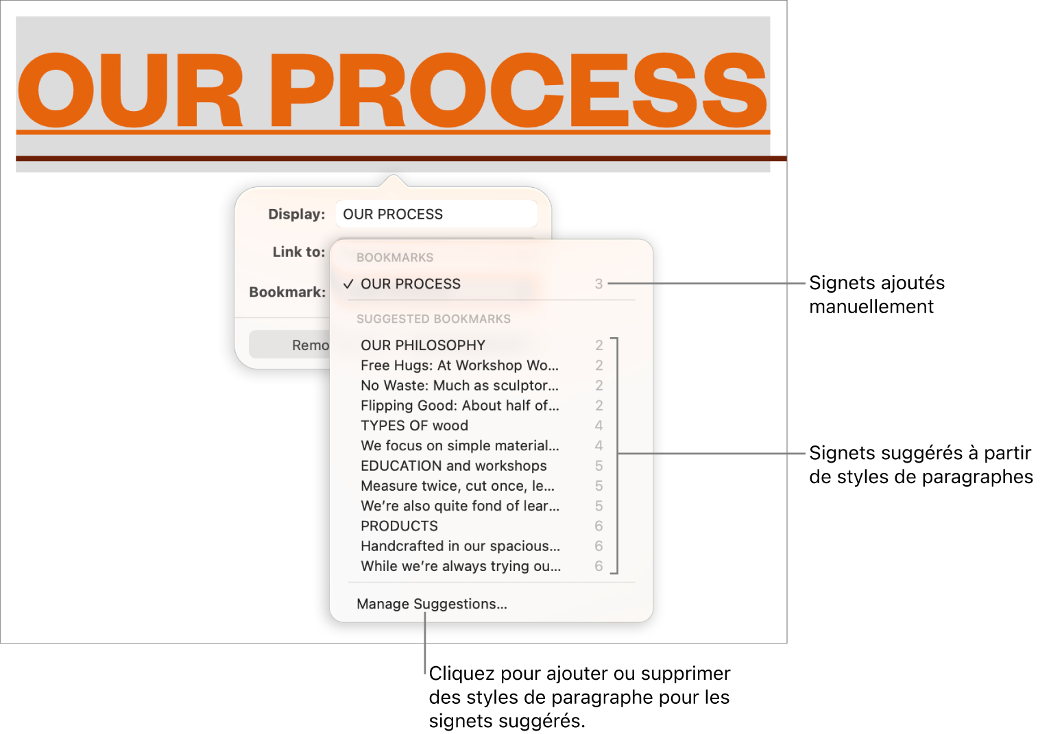 Liste de signets, avec les signets manuellement ajoutés en haut et les signets suggérés en dessous. L’option Gérer les suggestions s’affiche en bas.