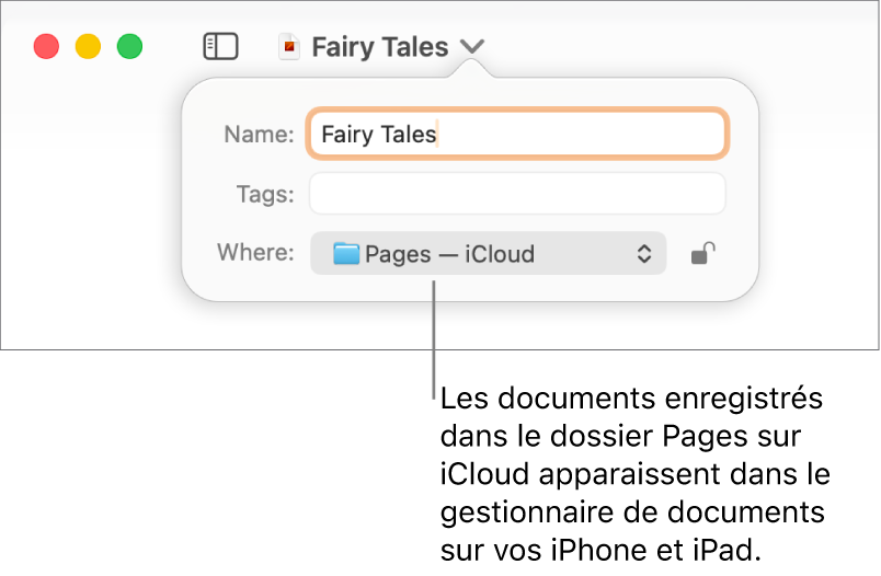 Zone de dialogue d’enregistrement d’un document avec Pages (iCloud dans le menu contextuel Emplacement).