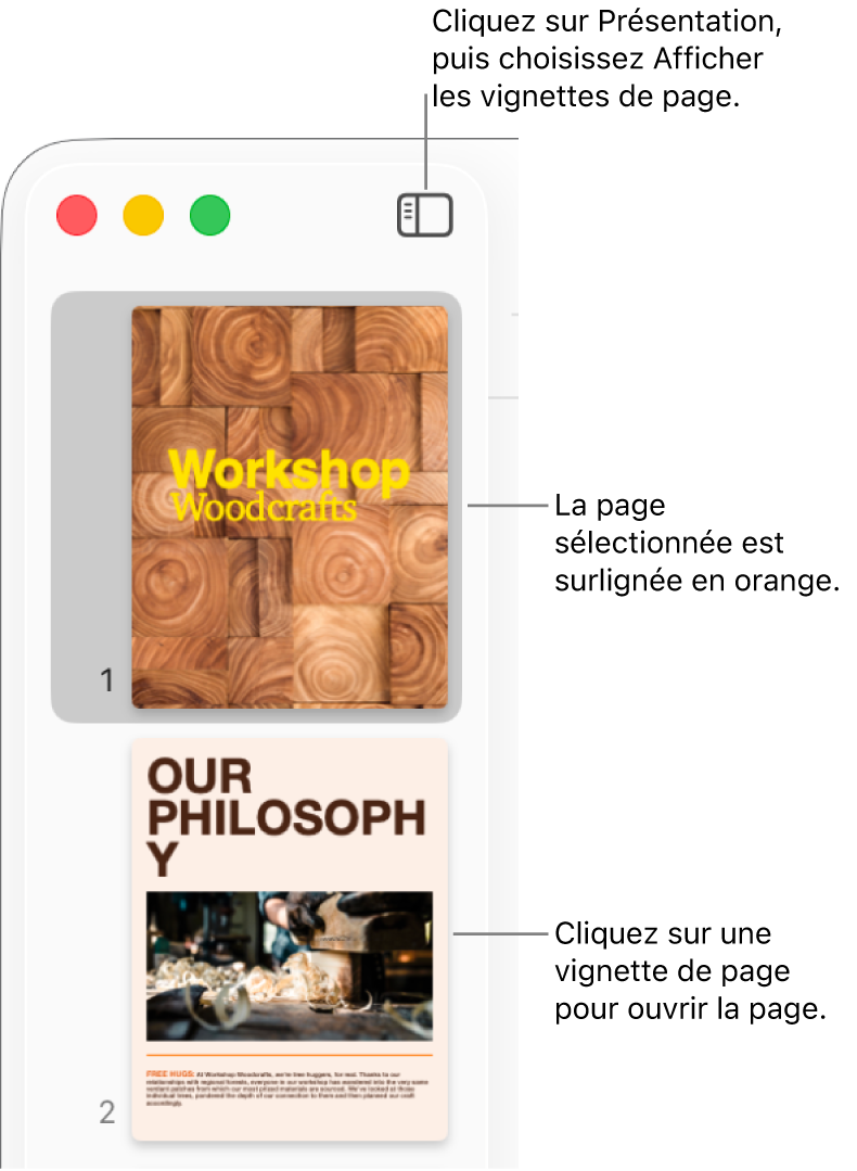La barre latérale du côté gauche de la fenêtre Pages avec présentation en vignettes de page et une page sélectionnée en surbrillance orange foncé.