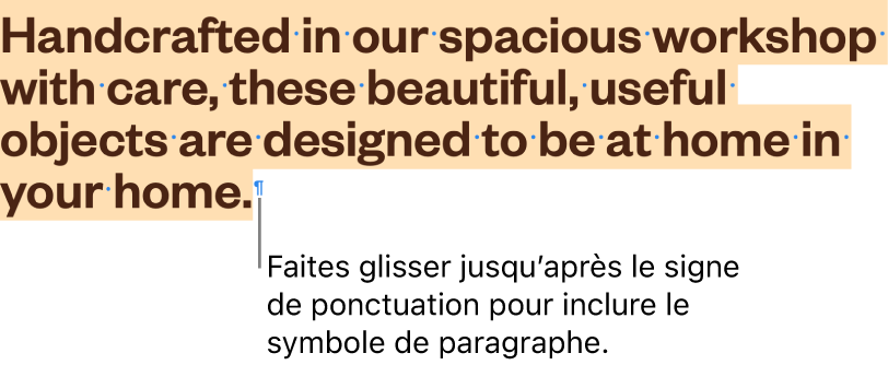 Un paragraphe sélectionné, avec le symbole du paragraphe inclus dans la sélection.