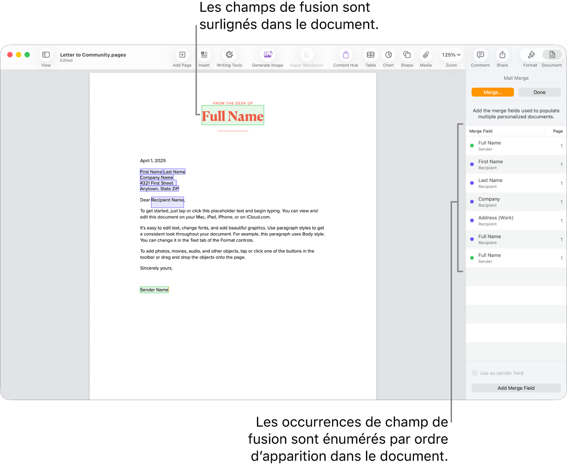 Document Pages avec champs de fusion de destinataire et d’expéditeur, et la liste des instances de champs de fusion visible dans la barre latérale Document.
