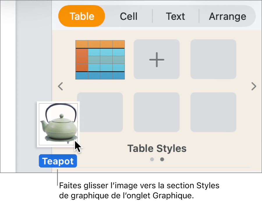 Opération consistant à faire glisser une image vers la section Styles de graphiques de la barre latérale afin de créer un nouveau style.