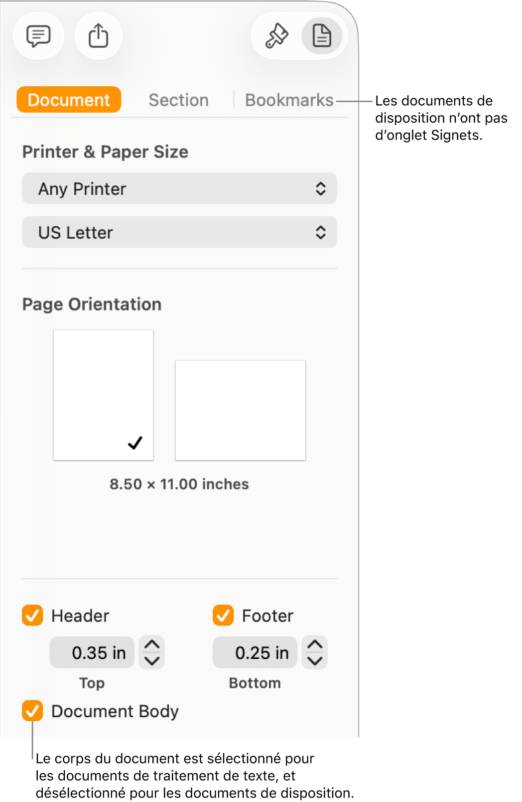 La barre latérale Format avec les onglets Document, Section et Signets en haut. L’onglet Document est sélectionné, et une légende accompagnant l’onglet Signets indique que les documents de mise en page n’ont pas d’onglet Signets. La case « Corps du document » est cochée, ce qui indique également qu’il s’agit d’un document de traitement de texte.