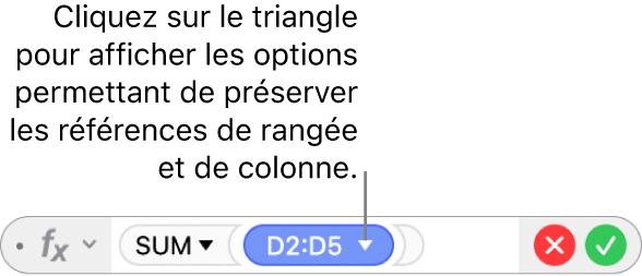 L’éditeur de formules avec un triangle sur lequel vous pouvez cliquer pour ouvrir les options permettant de conserver les références de rangée et de colonne.
