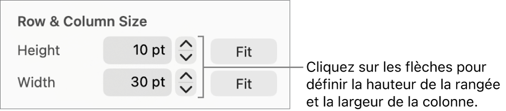 Commandes permettant de définir une taille précise de rangée ou de colonne.