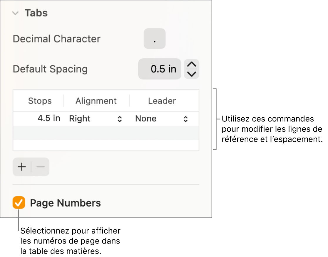 La section Tabulations de la barre latérale Format. Sous Espacement par défaut se trouve un tableau contenant les colonnes Taquets, Alignement et Référence. Une case Pagination est cochée sous le tableau.