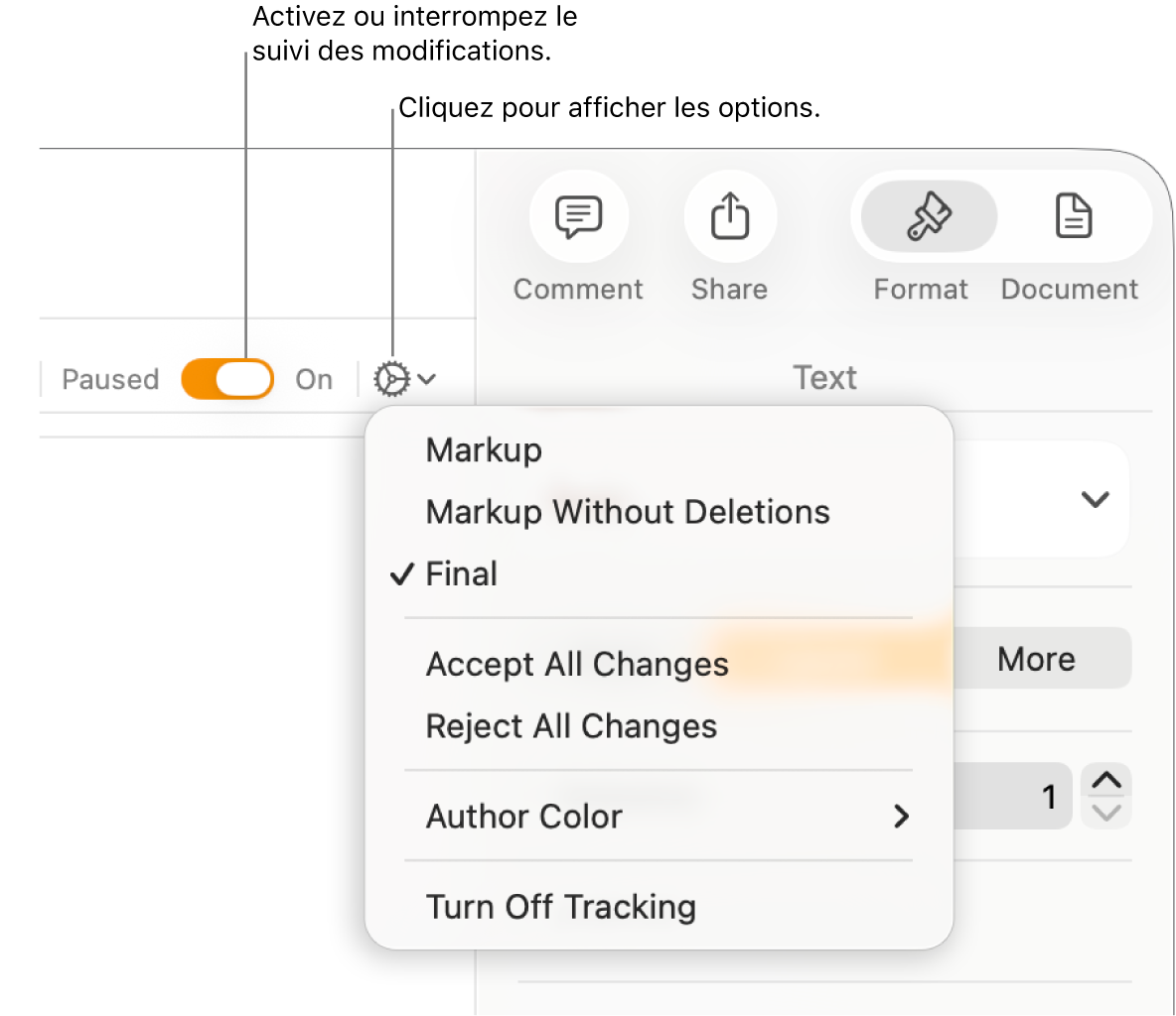 Le menu des options de suivi, avec l’option Désactiver le suivi en bas, ainsi que des légendes traitant des boutons de suivi Activé et En pause.