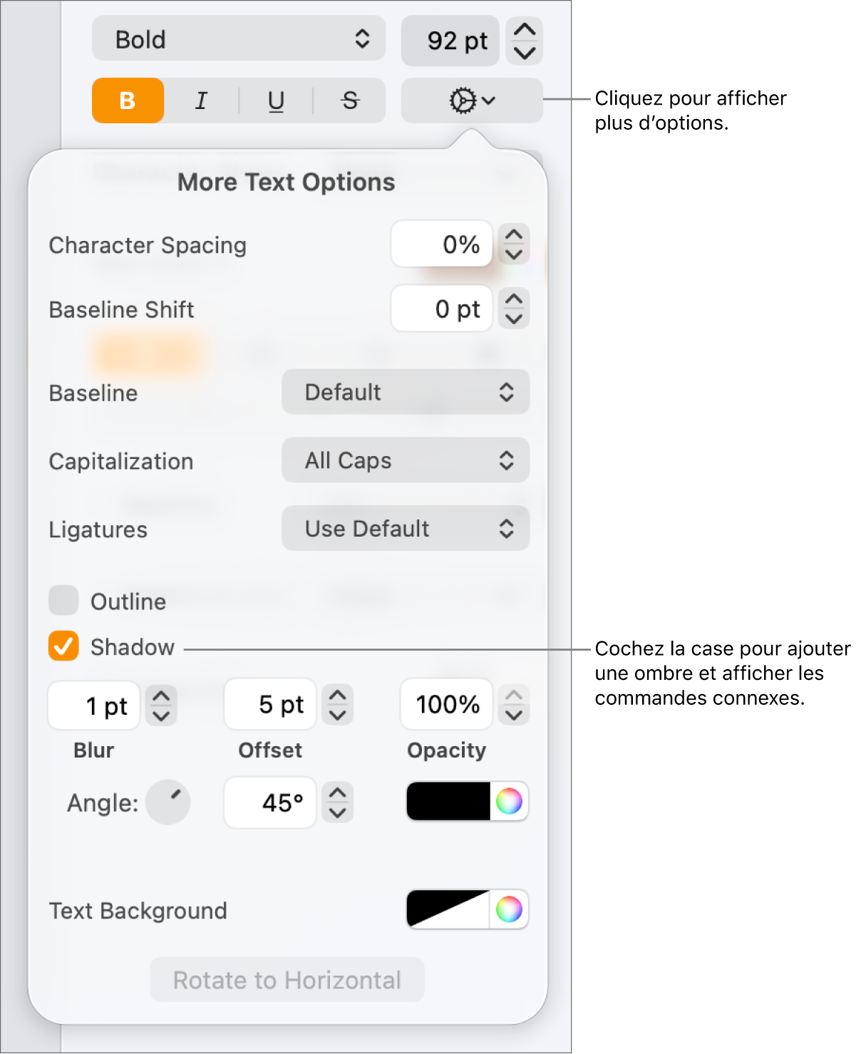 Le menu Options avancées s’ouvre avec la case Ombre sélectionnée et les commandes pour définir les réglages de flou, de décalage, d’opacité, d’angle et de couleur.