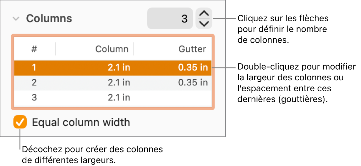 Sous-fenêtre Disposition de l’inspecteur Format, affichant les commandes de colonne.