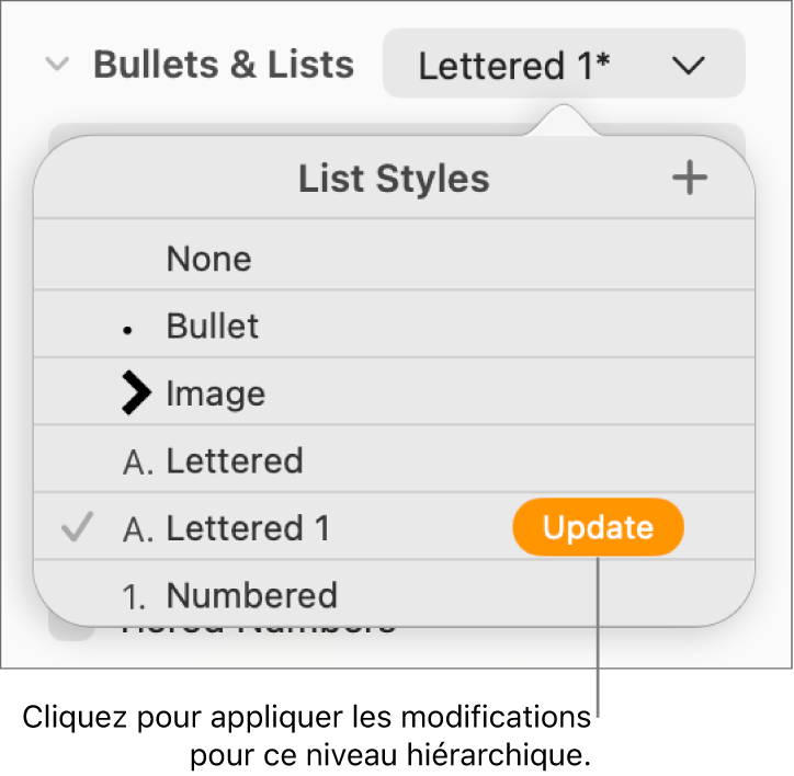 Menu contextuel Styles de liste avec un bouton Mettre à jour situé à côté du nom du nouveau style.