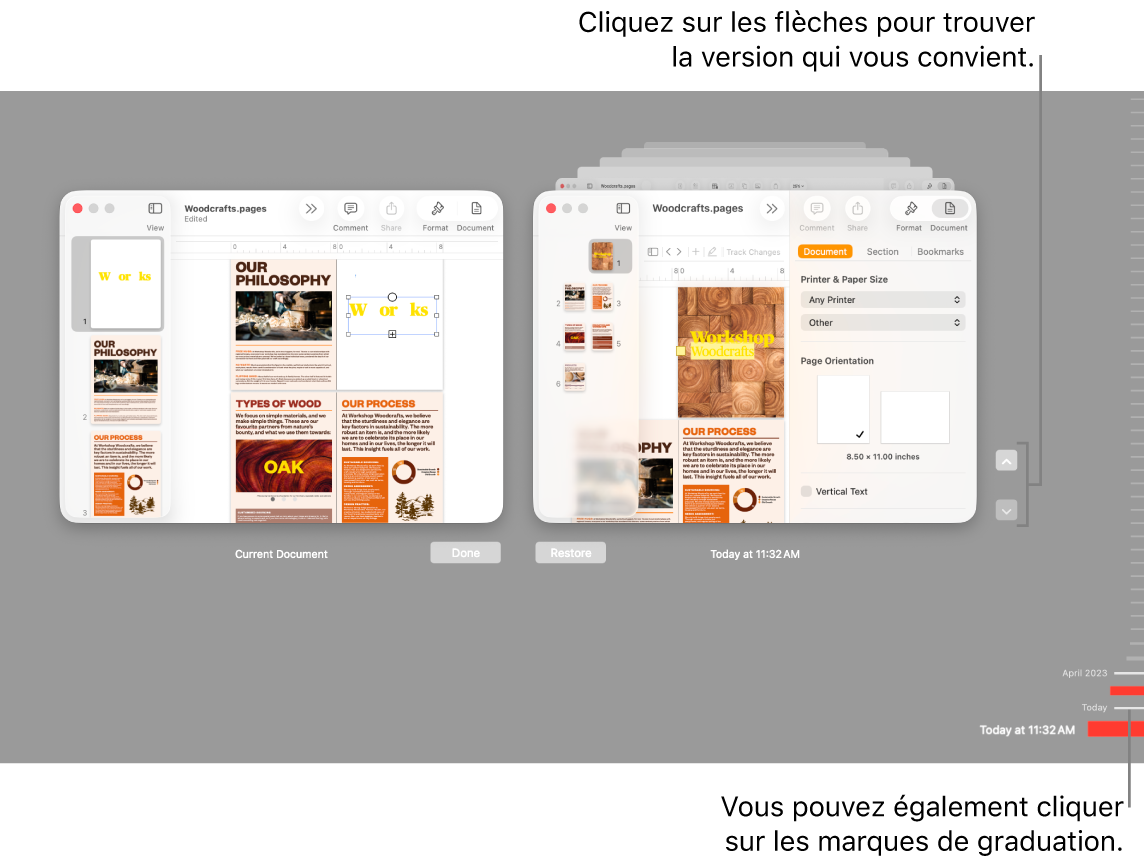 La chronologie des versions avec le document actuel à gauche et une version récente à droite.