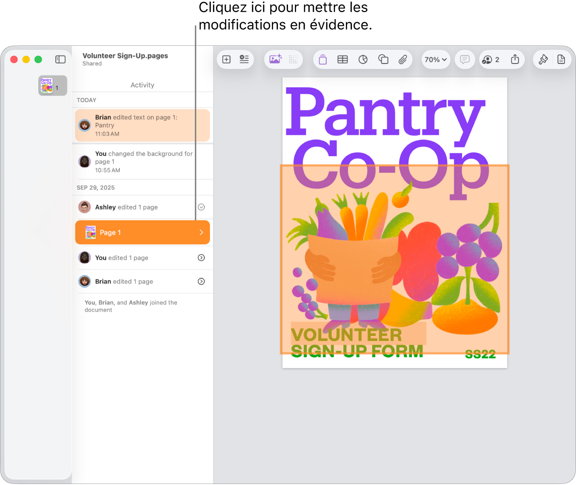 Un document collaboratif avec le menu de collaboration et la liste des activités ouverts.