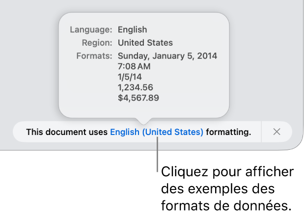 La notification du réglage de langue et de région différent affichant des exemples de la mise en forme correspondant à cette langue et à cette région.