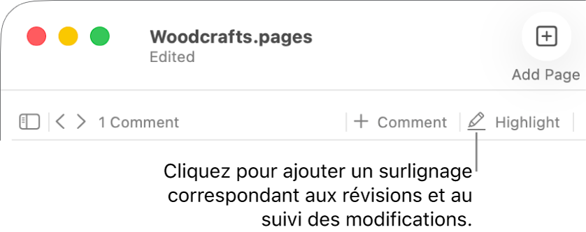 La barre des menus affichant le menu Insertion et en dessous, la barre d’outils Pages avec des outils de révision et une légende du bouton Surligner.