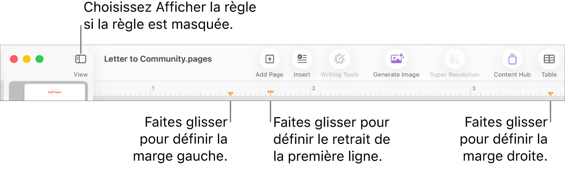 Règle présentant la commande de la marge gauche et la commande de retrait de la première ligne.