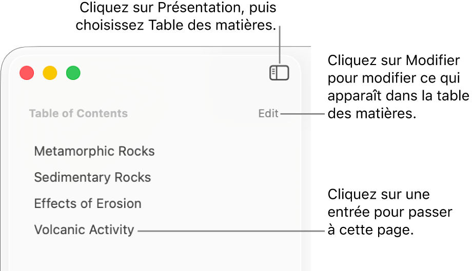 La table des matières du côté gauche de la fenêtre Pages avec un bouton Modifier dans le coin supérieur droit de la barre latérale et les entrées sous forme de liste. Le bouton Présentation se trouve dans le coin supérieur gauche de la barre d’outils Pages, au-dessus de la barre latérale.