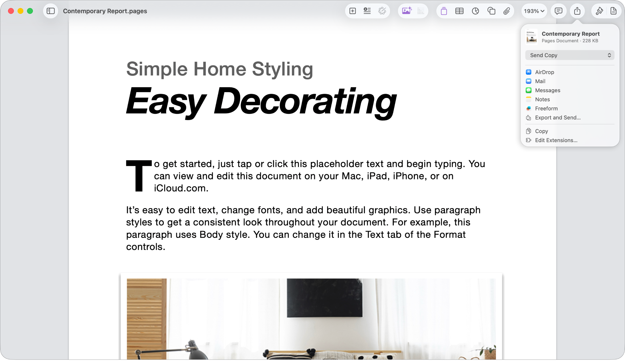 Document ouvert avec le menu Partager ouvert.