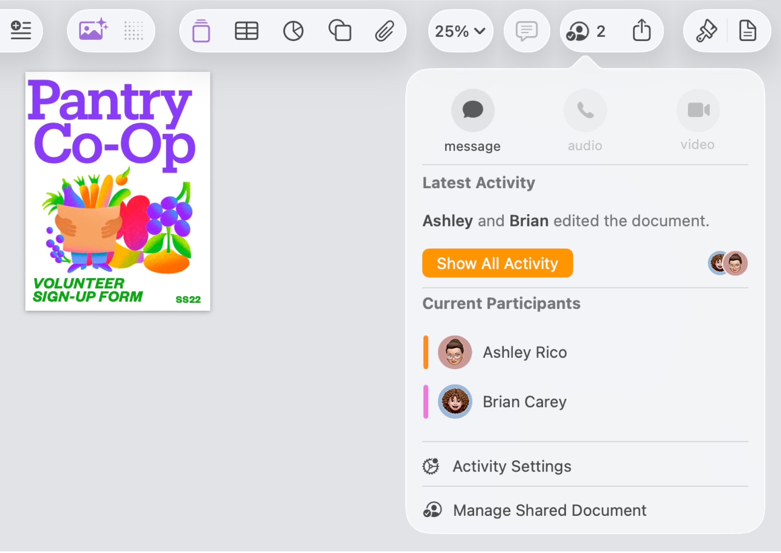 Le menu de collaboration affiche les noms des personnes collaborant au document.