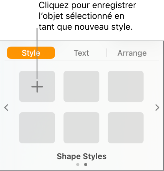 Onglet Style de la barre latérale Format avec bouton « Créer un style » dans le coin supérieur gauche et cinq paramètres fictifs de style vides.