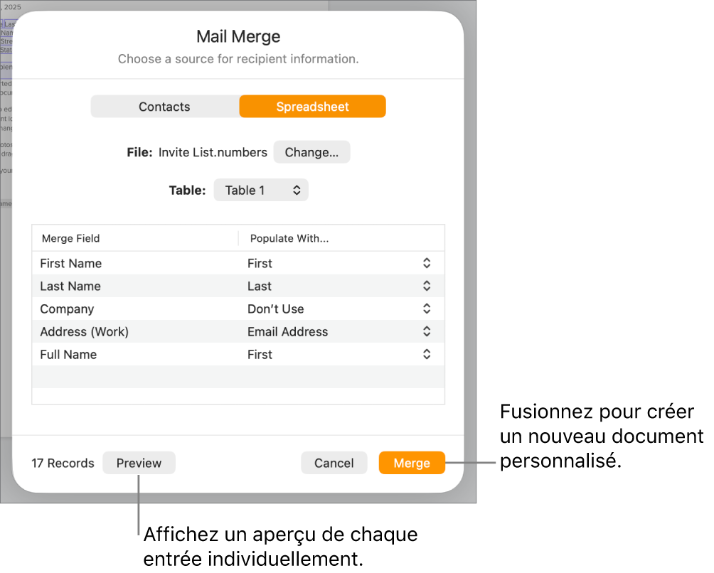 Onglet Fusion ouvert, avec options de modifier le fichier ou le tableau source, d’obtenir un aperçu des noms de champs de fusion ou des registres individuels, ou de fusionner le document.