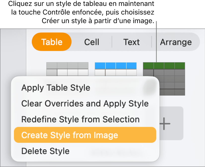 Le menu contextuel Style de tableau.