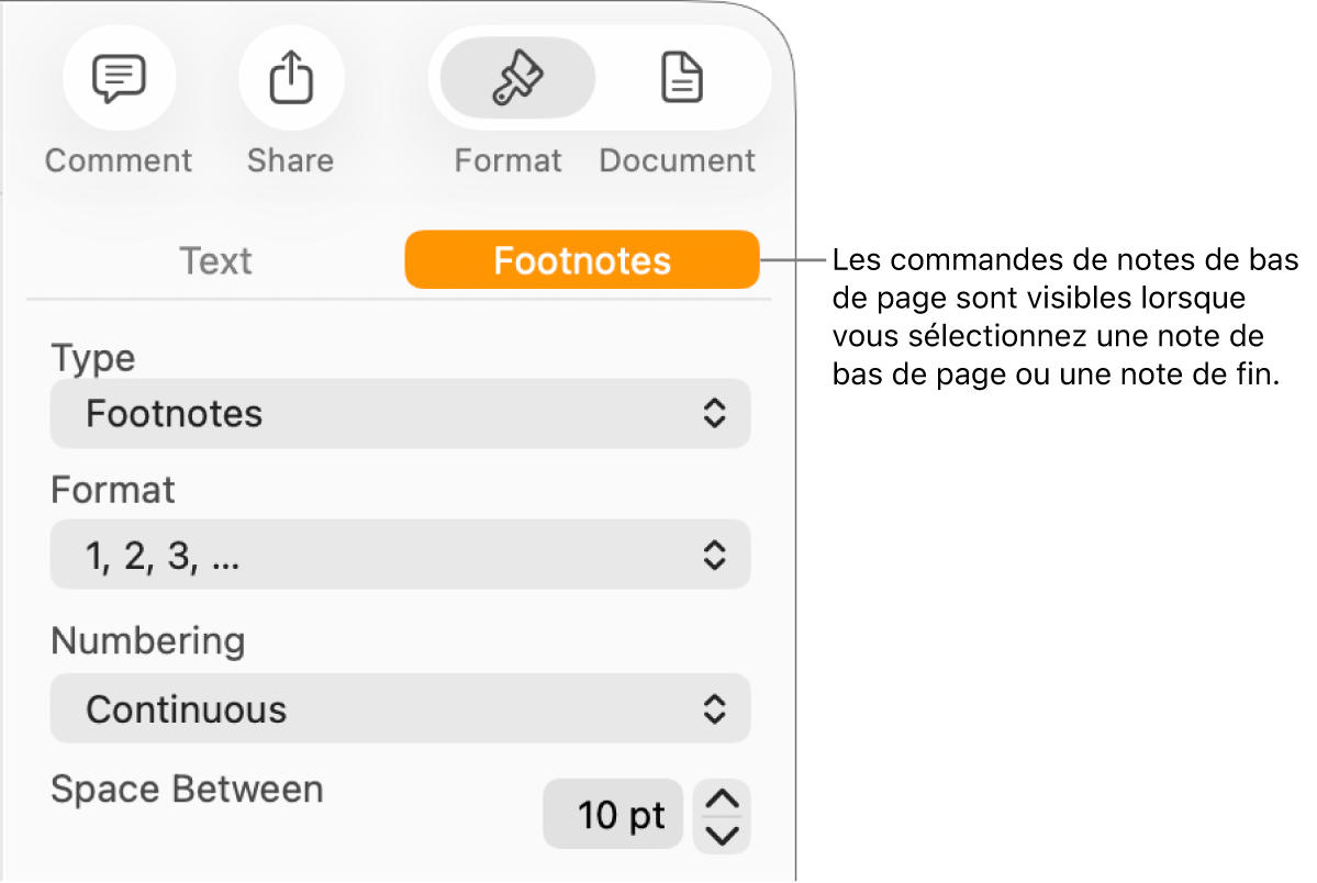 Sous-fenêtre des notes de bas de page affichant les menus contextuels Type, Format, Numérotation et Espace entre notes.