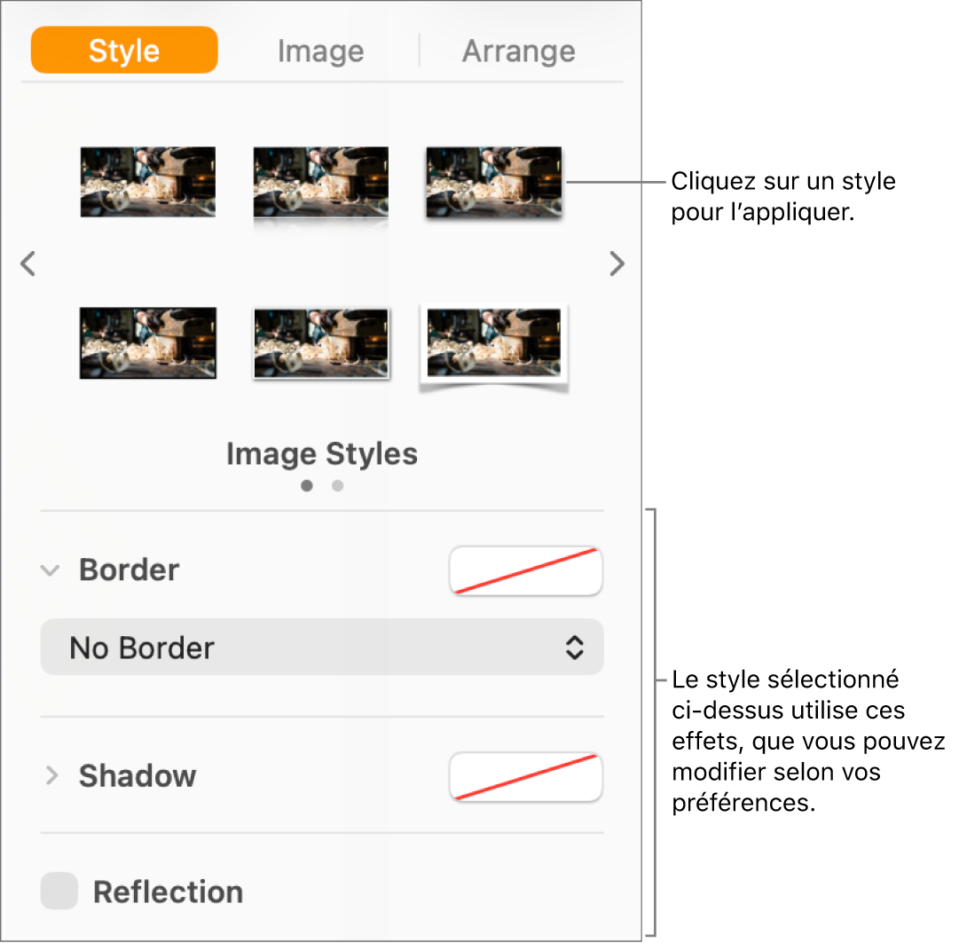 L’onglet Style de la barre latérale Format, présentant les options de style d’objet.