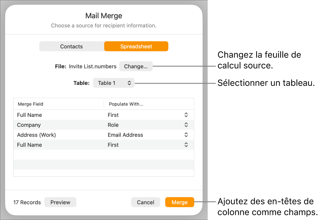 Sous-fenêtre Obtenir un aperçu des champs de fusion ouverte, avec options de modifier le fichier ou tableau source. d’obtenir un aperçu des noms de champs de fusion, ou d’ajouter des en-têtes de colonne comme champs.