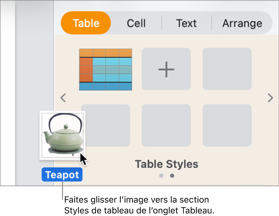 Opération consistant à faire glisser une image vers la sous-fenêtre de styles de tableau pour créer un nouveau style.