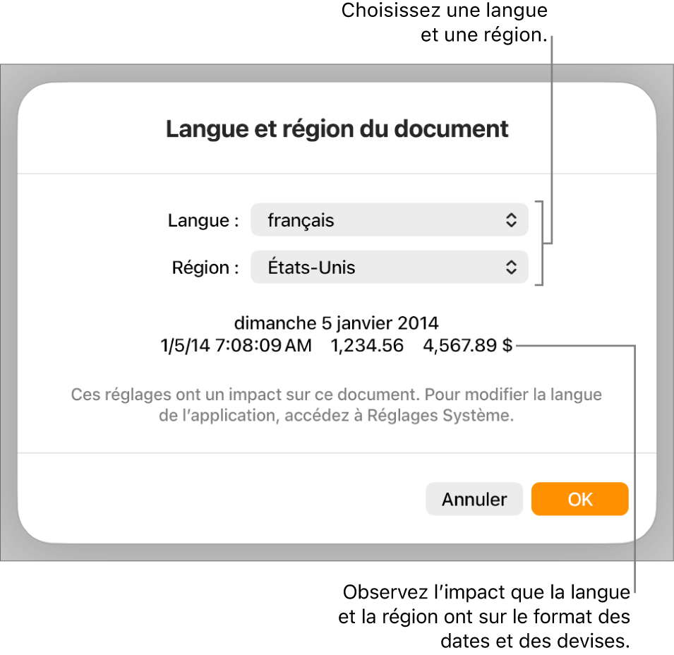La sous-fenêtre « Langue et région » présentant des commandes de langue et de région, ainsi qu’un exemple de mise en forme comprenant date, heure, affichage des décimales et devise.