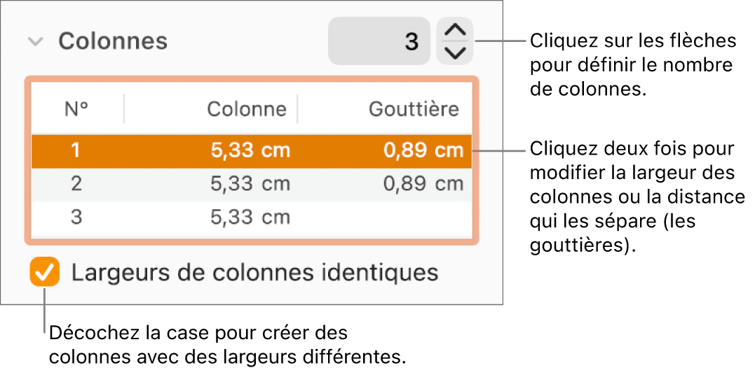Sous-fenêtre Disposition de l’inspecteur Format, affichant les commandes de colonne.