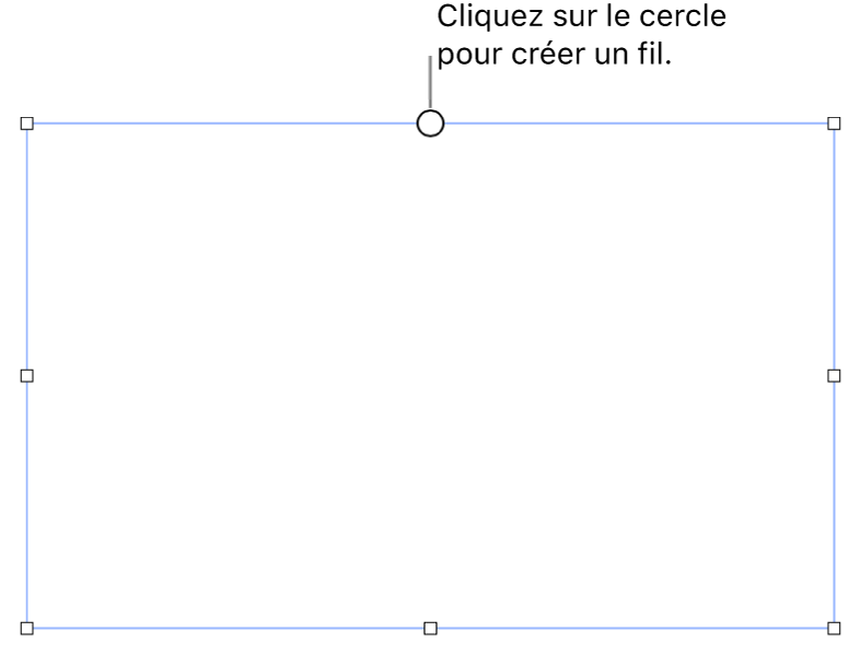 Une zone de texte vide avec un cercle blanc en haut et des poignées de redimensionnement sur les coins, les côtés et en bas.