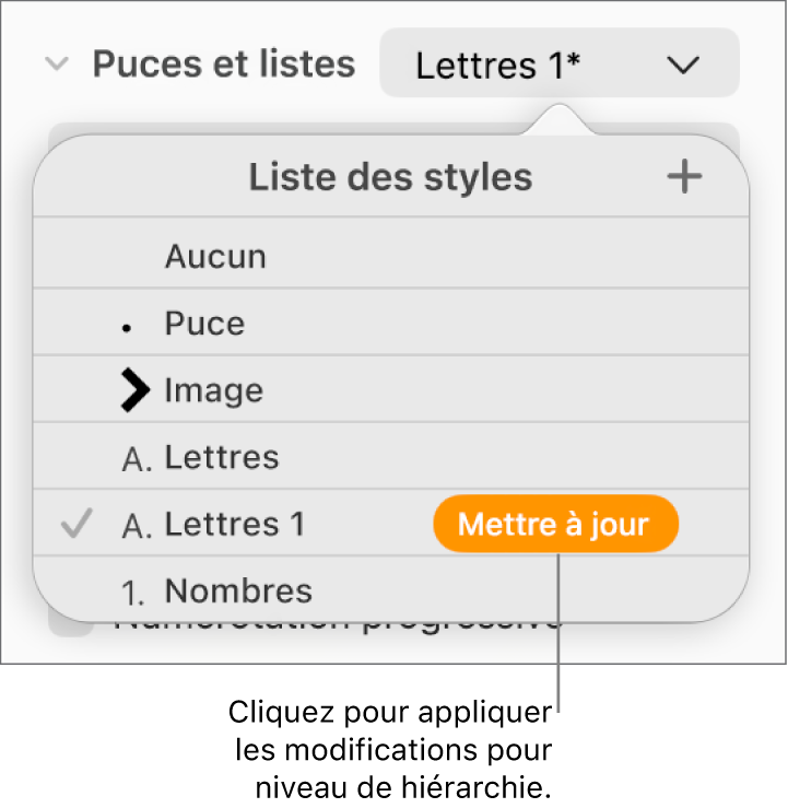 Menu local « Styles de liste » avec un bouton « Mettre à jour » en regard du nom du nouveau style.