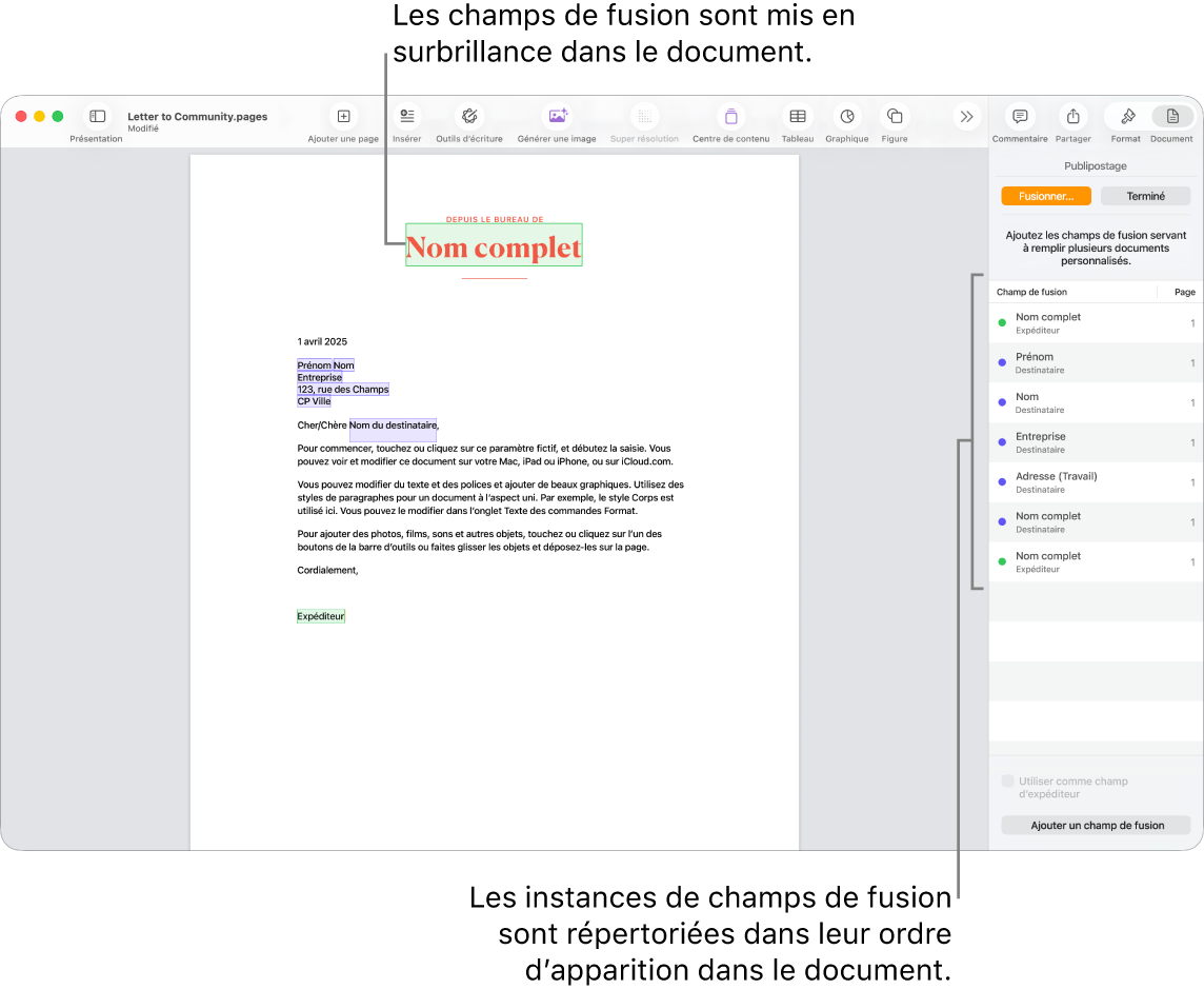 Document Pages avec des champs de fusion de destinataire et d’expéditeur, ainsi que la liste des instances de champs de fusion visible dans la barre latérale Document.