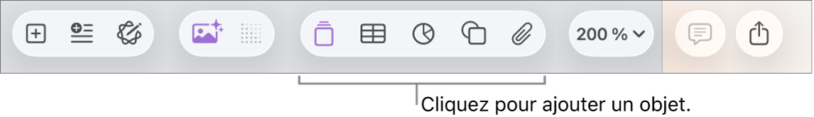 La barre d’outils avec des boutons permettant d’ajouter des tableaux, graphiques, zones de texte, figures et contenu multimédia.