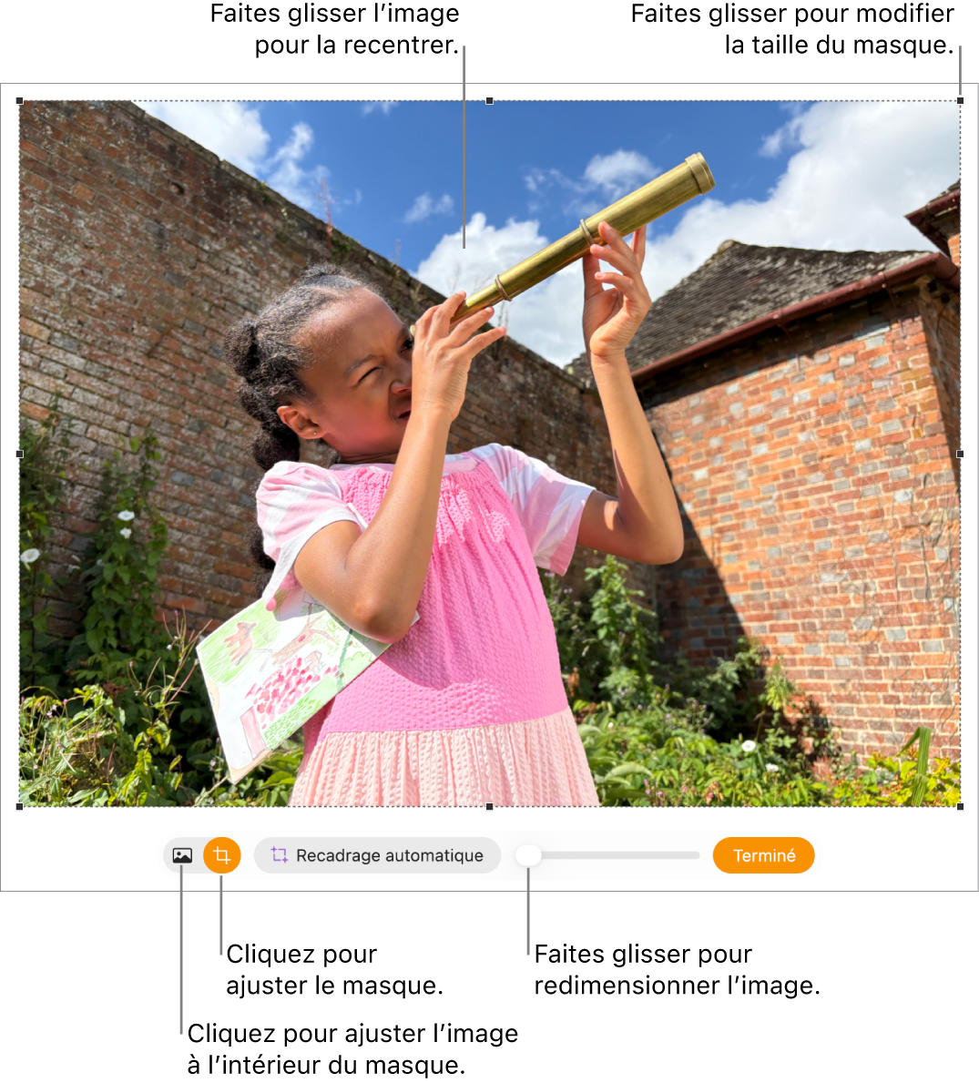 Commandes de masque sur une photo.