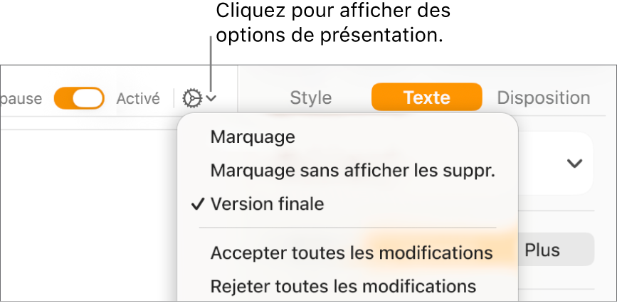 Le menu des options de révision, avec les options Marquage, Marquage sans afficher les suppr. et Version finale.