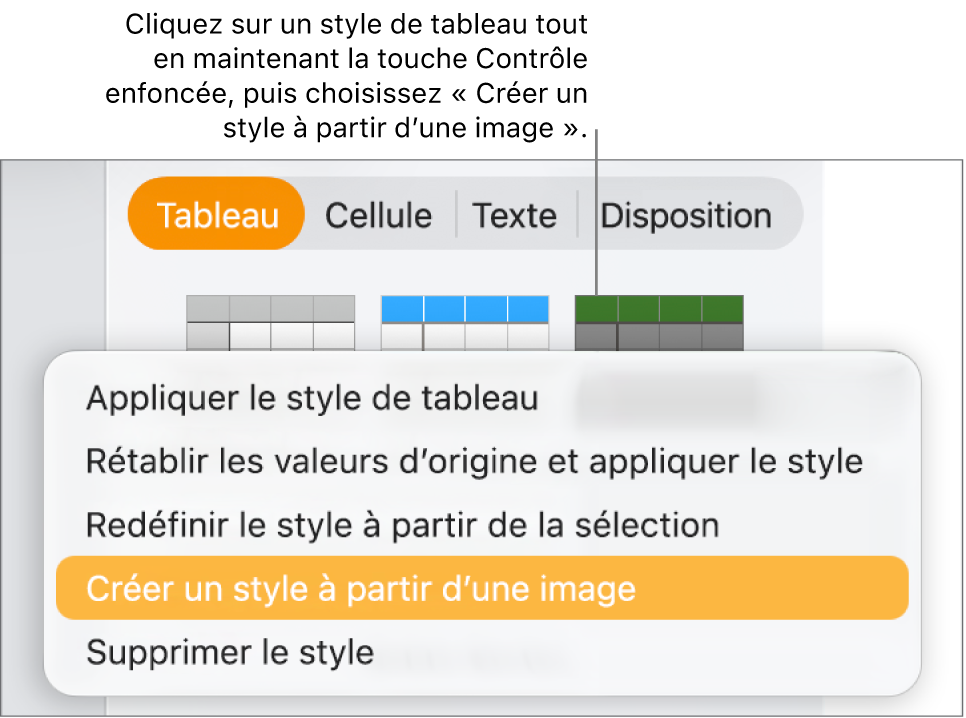 Le menu contextuel Style de tableau.
