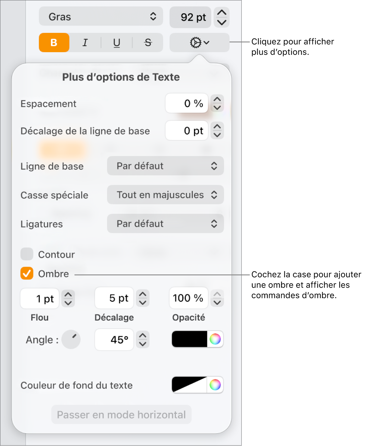 Le menu Options avancées avec la case Ombres cochée et les commandes pour définir le flou, le décalage, l’opacité, l’angle et la couleur.
