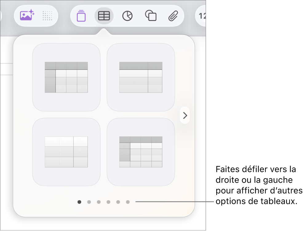 Menu « Ajouter un tableau » avec des flèches de navigation.