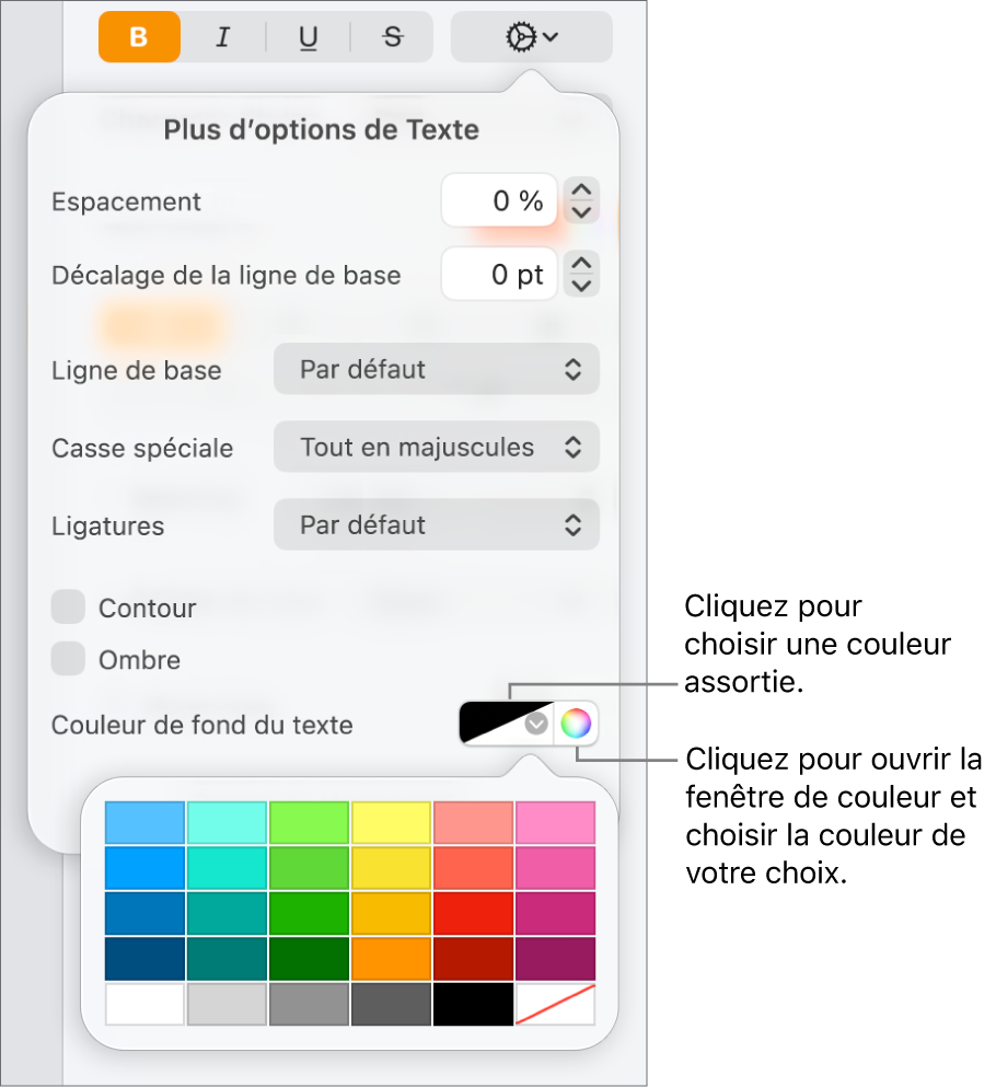 Commandes de sélection d’une couleur d’arrière-plan pour le texte.