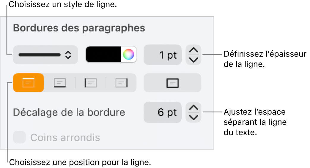 Commandes permettant de modifier le style, l’épaisseur, la position et la couleur de la ligne.