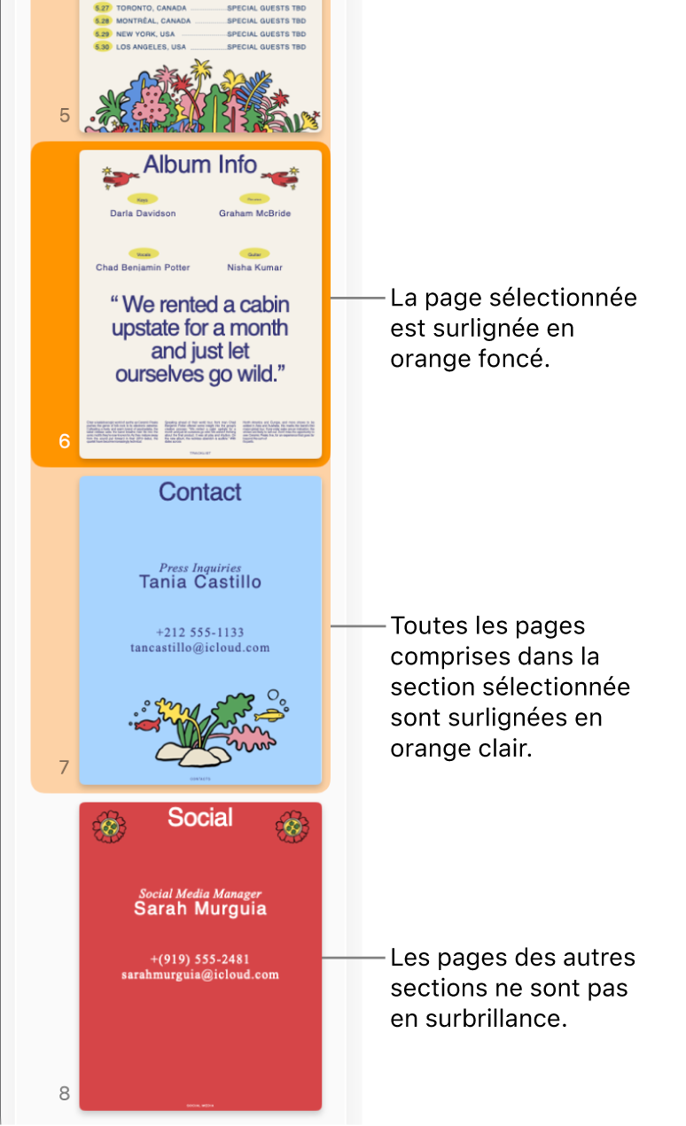 La Présentation des pages sous forme de vignettes dans la barre latérale avec la page sélectionnée surlignée en orange foncé et l’ensemble des pages de la section sélectionnée surligné en orange clair.