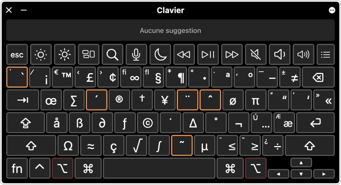 Le visualiseur de clavier ouvert avec les touches mortes mises en surbrillance.