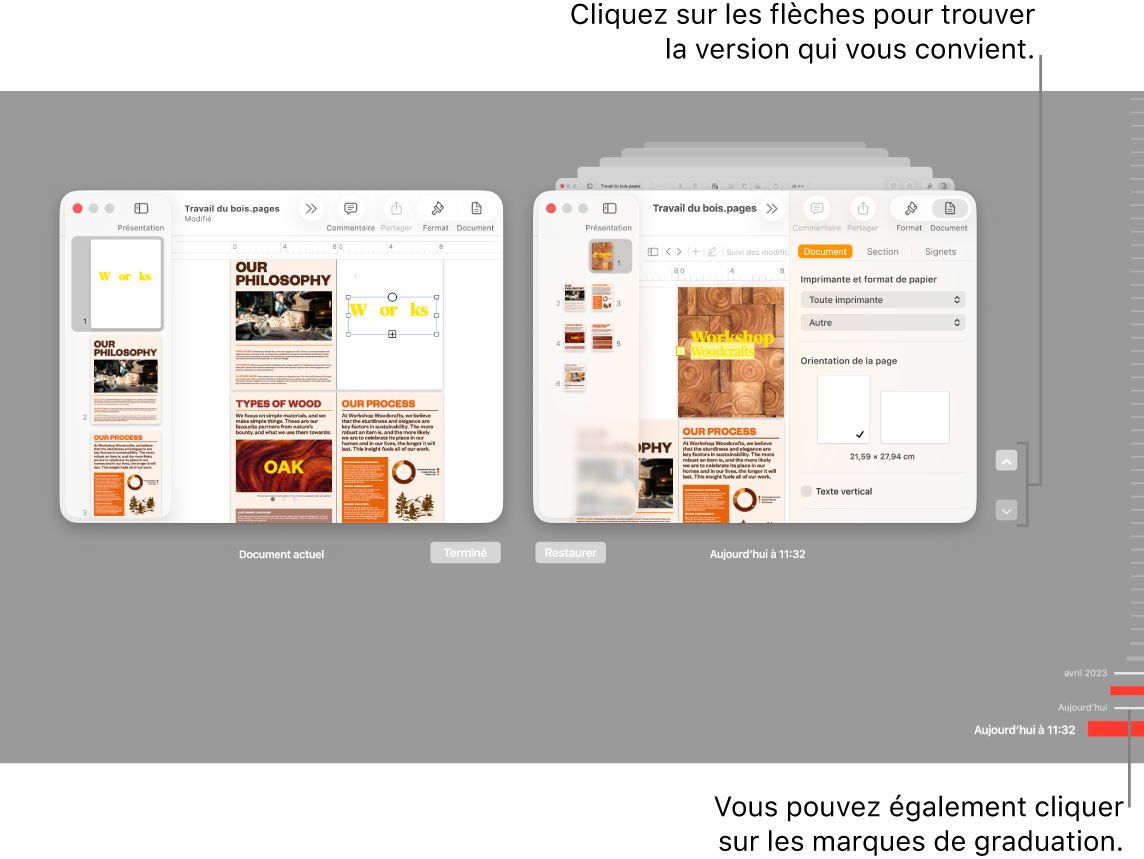 La timeline des versions avec le document actuel à gauche et une version récente à droite.