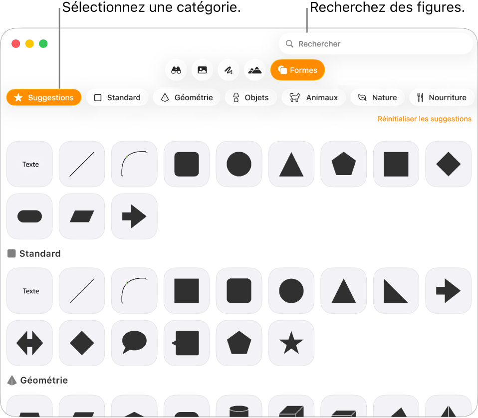 Bibliothèque de figures, avec les catégories répertoriées sur le côté gauche et les figures affichées sur le côté droit. Vous pouvez utiliser le champ de recherche situé en haut pour rechercher des figures. Vous pouvez également parcourir l’écran pour en trouver d’autres.