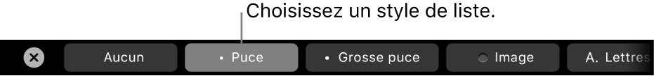 La Touch Bar d’un MacBook Pro avec les commandes permettant de choisir un style de liste.
