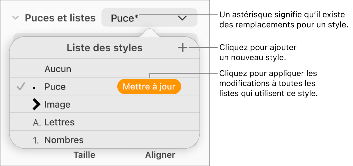 Menu local Styles de liste avec un astérisque indiquant une substitution et des légendes pour le bouton Nouveau style, et un sous-menu d’options de gestion des styles.
