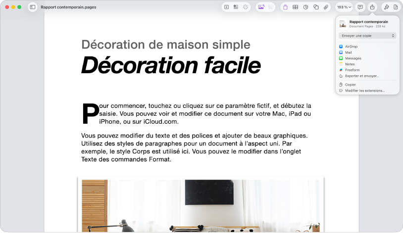 Un document ouvert avec le menu Partager ouvert.