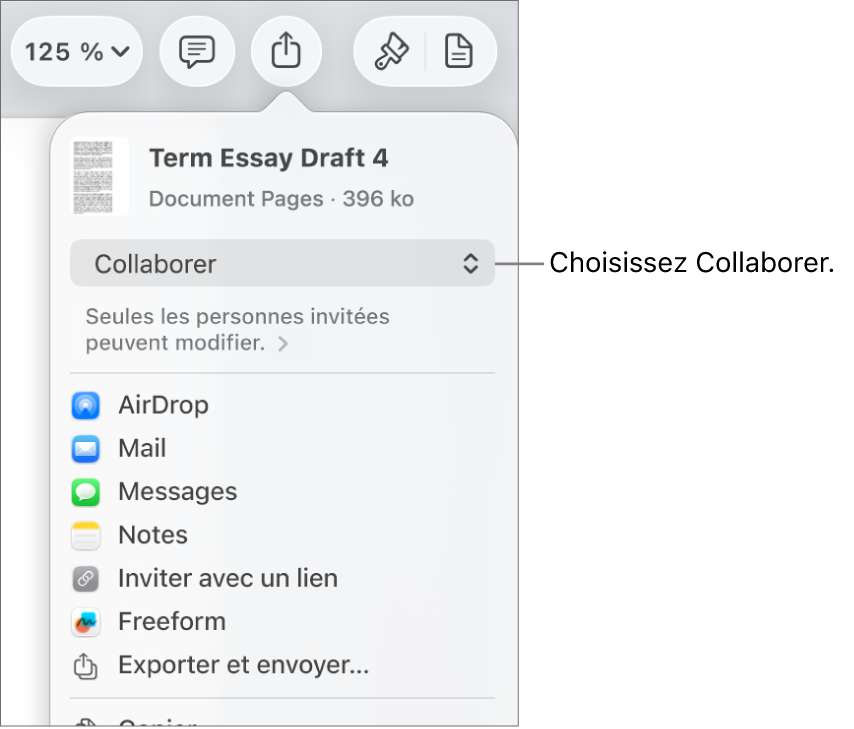 Le menu Partager avec l’option Collaborer sélectionnée en haut, et des réglages d’accès et d’autorisation en dessous.